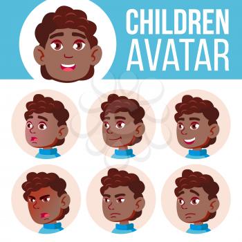 Boy Avatar Set Kid Vector. Black. Afro American. High School. Face Emotions. School Student. Kiddy, Birth Head Illustration