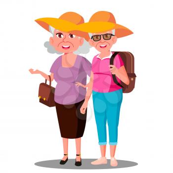 Two Old Women Friends In Hats Enjoing Vacation Vector. Illustration