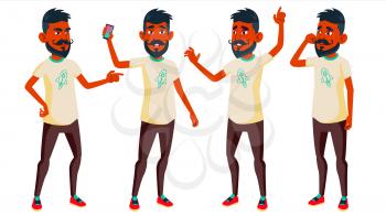 Teen Boy Poses Set Vector. Indian, Hindu. Asian. Caucasian, Positive. For Presentation, Print Invitation Design Isolated Cartoon Illustration