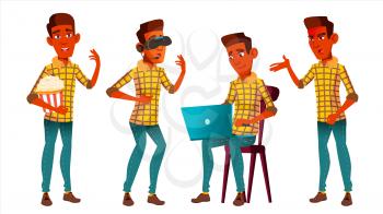 Teen Boy Poses Set Vector. Indian, Hindu. Asian. Fun, Cheerful. For Web, Poster Booklet Design Isolated Cartoon Illustration