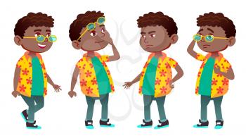 Boy Schoolboy Kid Poses Set Vector. Black. Afro American. Primary School Child. Studying. Leisure. Lesson, September. For Postcard, Cover Placard Design Isolated Cartoon Illustration