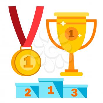 Award Icons Vector. Winner, First Place Gold Mmedal, Pedestal. Sport, Business Trophy. For Championship Design. Isolated Illustration