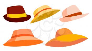 Retro Hat Set Vector. Brown. Classic Traditional Hat For Man, Elegant Woman. Cloth Head Fashion. Cartoon Illustration