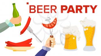 Beer Party Vector. Design Elements. Celebration Festival. cheering People. Beer Bottle, Glass Cartoon Illustration