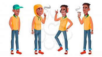 Teen Boy Poses Set Vector. Black. Afro American. Friendly, Cheer. For Banner, Flyer, Brochure Design Isolated Cartoon Illustration