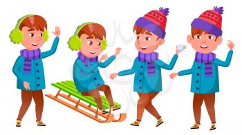 Boy Set Vector. Happy Childhood. Winter Holidays. For Web, Poster, Booklet Design Isolated Illustration