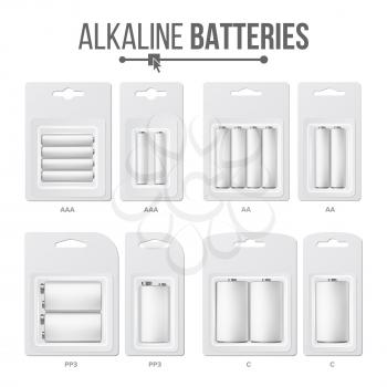 Batteries Packed Set Vector. Different Types AAA, AA, C, D, PP3, 9 Volt. Alkaline Battery In Blister Realistic Glossy Battery Accumulator