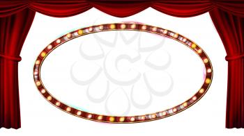 Gold Frame Light Bulbs Vector. Isolated On White Background. Red Theater Curtain. Silk Textile. Shining Retro Light Banner. Realistic Illustration