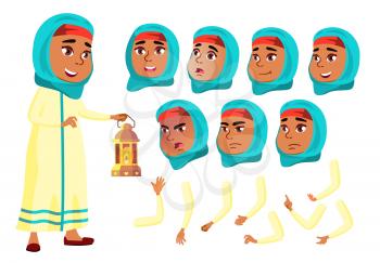 Arab, Muslim Teen Girl Vector. Teenager. Positive Person. Face Emotions, Various Gestures. Animation Creation Set. Isolated Flat Cartoon Illustration