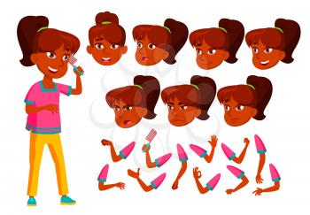 Indian Teen Girl Vector. Teenager. Cute, Comic. Joy. Face Emotions, Various Gestures. Animation Creation Set. Isolated Flat Character Illustration