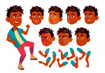 Indian Teen Boy Vector. Teenager. Fun, Cheerful. Face Emotions, Various Gestures. Animation Creation Set. Isolated Flat Character Illustration
