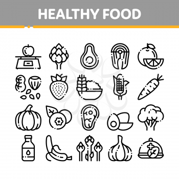 Collection Healthy Food Vector Thin Line Icons Set. Vegetable, Fruit And Meat Healthy Food Linear Pictograms. Strawberry And Orange, Blueberry And Pumpkin, Eggs And Fish Black Contour Illustrations