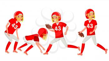 American Football Male Player Vector. Match Tournament. Summer Activity. Playing In Different Poses. Man Athlete. Isolated On White Cartoon Character Illustration