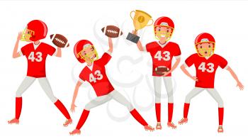 American Football Male Player Vector. Speed Strategy. Football Match Tournament. In Action. Cartoon Character Illustration