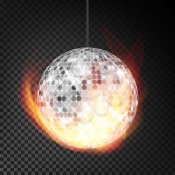 Silver Disco Ball In Fire Vector Realistic. Burning Dance Night Club Ball. Transparent Background