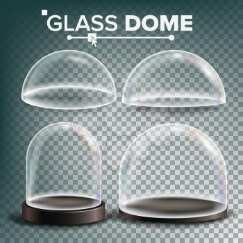Glass Dome Set Vector. Advertising, Presentation Design Glass Element. Different Types. Empty Glass Crystal Dome. Template Mockup. Transparent Illustration