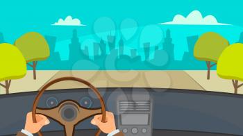 Hands Driving Car Vector. Highway. Inside A Car. Flat Illustration