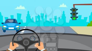 Hands Driving Car Vector. City Traffic Jam. Urban Background. Flat Illustration