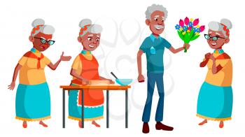 Old Woman Poses Set Vector. Black. Afro American. Elderly People. Senior Person. Aged. Active Grandparent. Joy. Presentation, Print Invitation Design Isolated Cartoon Illustration