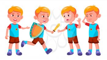 Boy Kindergarten Kid Poses Set Vector. Happy Children Character. Babysitting. For Advertisement, Greeting, Announcement Design. Isolated Cartoon Illustration