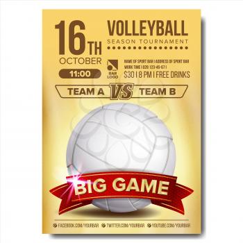 Volleyball Poster Vector. Design For Sport Bar Promotion. Volleyball Ball. Modern Tournament. Championship Label A4 Size. Game Illustration