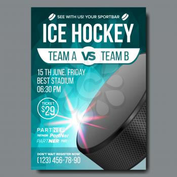Ice Hockey Poster Vector. Banner Advertising. A4 Size. Sport Event Announcement. Winter Game, League Design. Snow. Layout. Championship Template Illustration