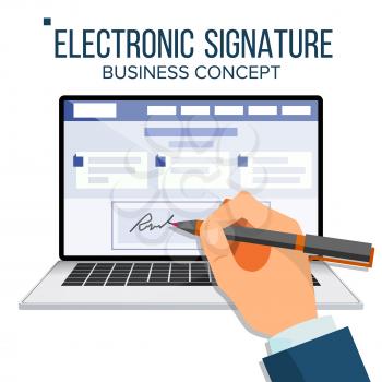 Electronic Signature Laptop Vector. Financial Business Agreement. Web Contract. Online Document. Isolated Illustration