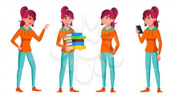 Teen Girl Poses Set Vector. Positive Person. For Postcard, Cover, Placard Design. Isolated Cartoon Illustration
