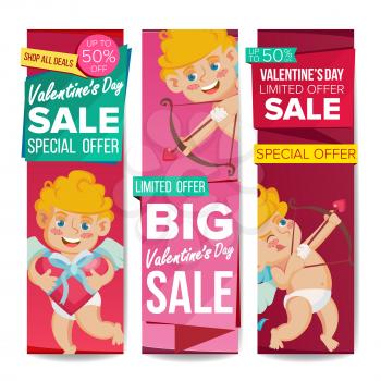 Valentine s Day Sale Banner Set Vector. February 14 Cupid. Online Shopping. Valentine Website Vertical Banners, Romantic Promo Design. Love Advertising Special Element Discount. Isolated Illustration