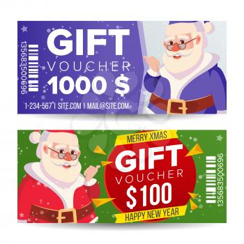 Christmas Voucher Vector. Horizontal Banner. Merry Christmas. Santa Claus And Gifts. End Of The Year Advertisement. Cute Gift Illustration