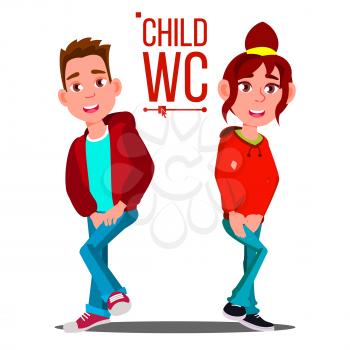 Child WC Sign Vector. Boy And Girl. Toilet Icon. Cartoon Illustration