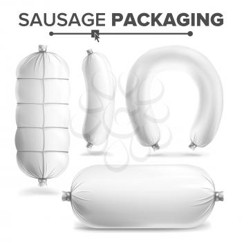 White Sausage Package Vector. White Mock Up For Branding Design. Isolated Illustration