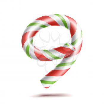 9, Number Nine Vector. 3D Number Sign. Figure 9 In Christmas Colours. Red, White, Green Striped. Classic Xmas Mint Hard Candy Cane. New Year Design. Isolated