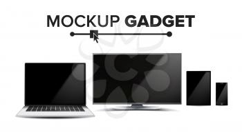 Realistic mockup gadget Vector. Computer Monitors, Modern Laptop, Touch Tablet, Mobile Smart Phone. Isolated Illustration