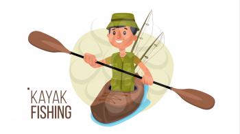 Paddling Kayak Vector. Summer Kayak Fishing. Fishermen Isolated Flat Cartoon Character