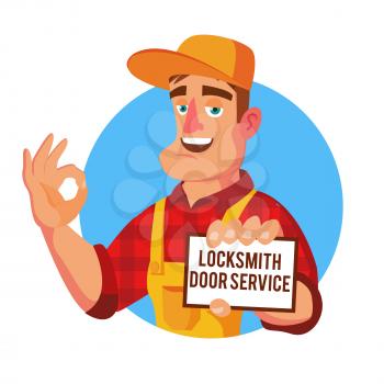 Locksmith Door Service Vector. Professional Master Repairman. Isolated Flat Cartoon Character Illustration