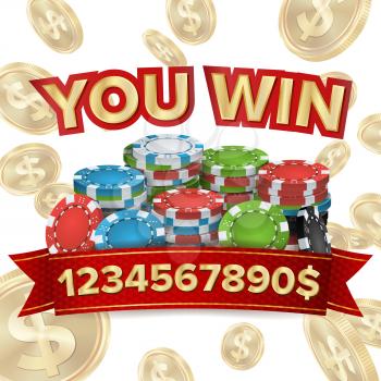 You Win. Jackpot Background Vector. Falling Explosion Gold Coins Illustration. Jackpot Prize Design. Poker Chips