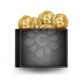 Bitcoin Wallet Vector. Black Color. Success Banking Cash Symbol. Cryptocurrency. Modern Leather Wallet. Bitcoin Gold Coins. Isolated Illustration