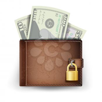 Realistic Classic Brown Wallet Vector. Locked With Padlock. Money. Top View. Finance Secure Concept. Isolated On White Background