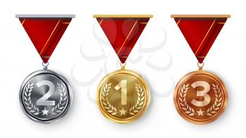 Champion Medals Set Vector. Metal Realistic First, Second Third Placement Achievement. Round Medals With Red Ribbon, Relief Detail Of Laurel Wreath, Star. Sport Game Golden, Silver, Bronze