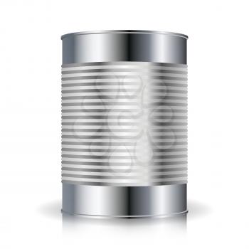 Metallic Cans Vector. Food Tincan Ribbed Metal Tin Can, Canned Food. Blank For Your Design. Realistic Empty Product Packing Template