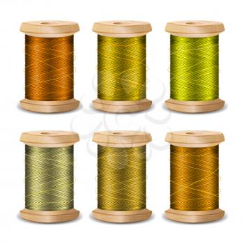 Thread Spool Set. Bright Old Wooden Thread Spool Bobbin. Isolated On White Background For Needlework And Needlecraft. Stock Vector Illustration