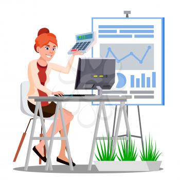 Accounting, Woman Counting Money At The Table With Computer And Calculator Vector. Illustration