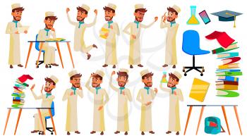 Teen Boy Poses Set Vector. Arab, Muslim. Positive Person. For Postcard, Cover, Placard Design. Isolated Cartoon Illustration