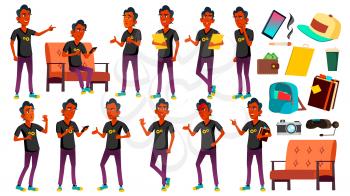 Teen Boy Poses Set Vector. Indian, Hindu. Asian. Beauty, Lifestyle. For Web, Poster Booklet Design Isolated Cartoon Illustration