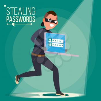 Thief Character Vector. Hacker Stealing Sensitive Data, Money From Laptop. Hacking PIN Code. Hacking Internet Social Network. Breaking, Attacking. Cartoon Illustration