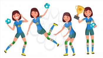 Handball Player Female Vector. Player In Attack. Corporate Branding Identity. Isolated Flat Cartoon Character Illustration