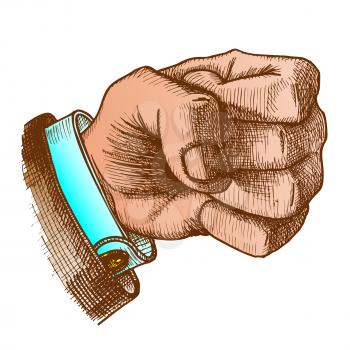 Male Hand Make Fist Gesture Monochrome Vector. Man Showing Gesture Sign Like Holding Balloon Cord Stick Or Ready For Fight. Pressed Thumb Forefinger Middle Annulary And Pinkie Finger Color