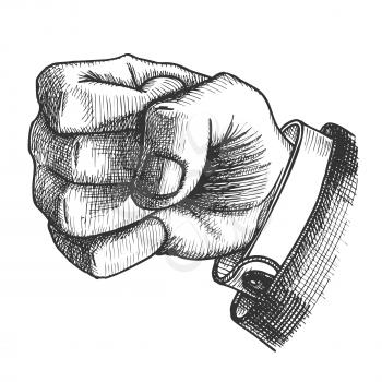 Male Hand Make Fist Gesture Monochrome Vector. Man Showing Gesture Sign Like Holding Balloon Cord Stick Or Ready For Fight. Pressed Thumb Forefinger Middle Annulary And Pinkie Finger Illustration