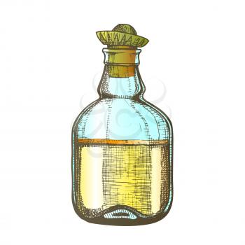Design Blank Tequila Bottle Mexican Hat Cap Vector. Drawn Sketch Authentic Mexico Bottle Of Cactus Alcoholic Beverage With Sombrero On Top. Color Glass Container Template Illustration